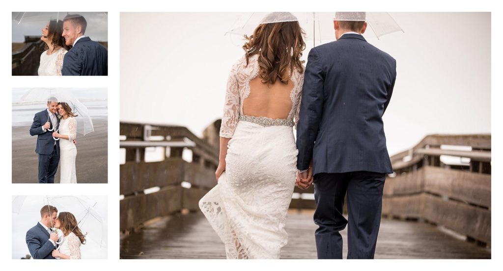 Couple kissing and walking on a boardwalk in Long Beach Washington while Oregon coast wedding photographer Jody takes a photo during a rainstorm